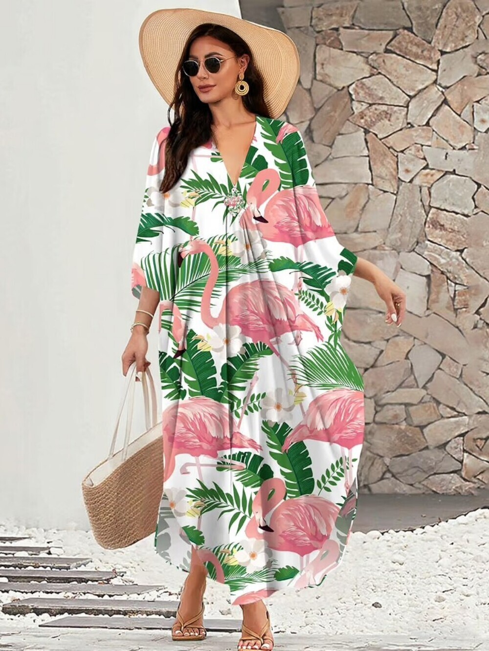 Pink Flamingo Tropical V Neck Cover-Up Kaftan Dress Coverup